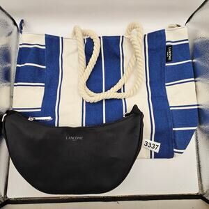 LANCOME PARIS LOT OF 2 BAGS STRIPED CANVAS ROPE HANDLE TOTE & BLK COSMETIC POUCH